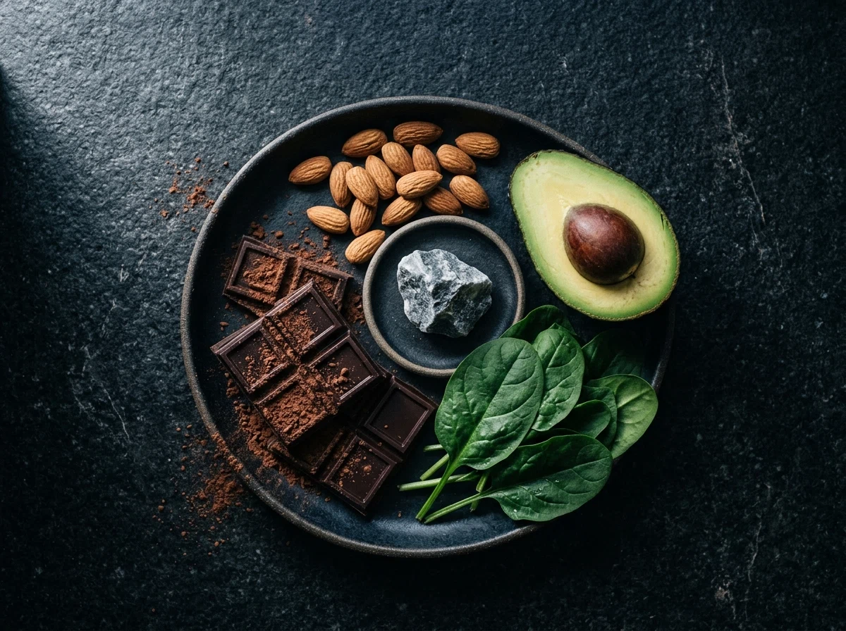 Magnesiumrika livsmedel - mörk choklad, mandel, spenat och avokado