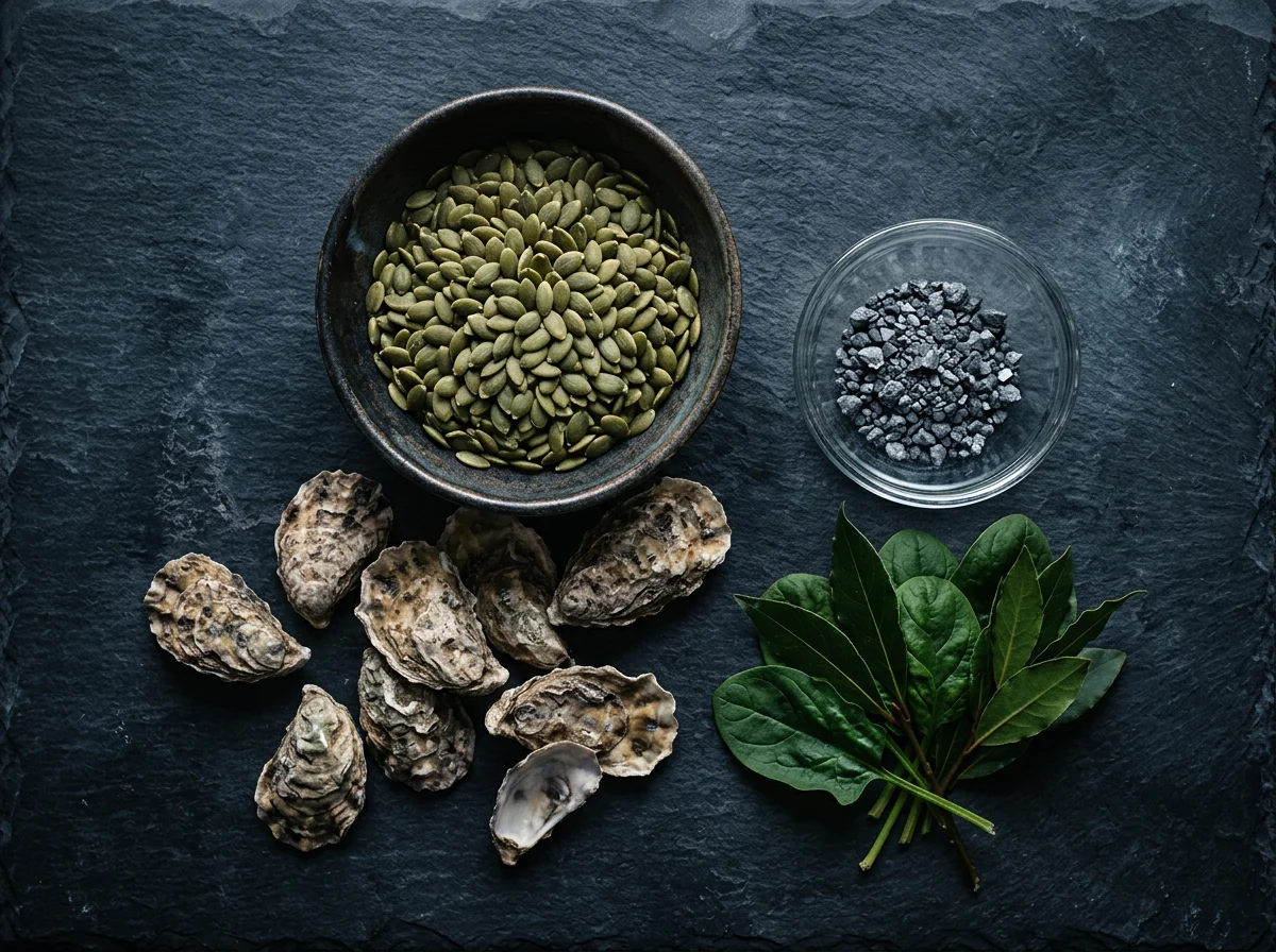 Naturliga ingredienser för zink - pumpakärnor, ostron och zink-mineral