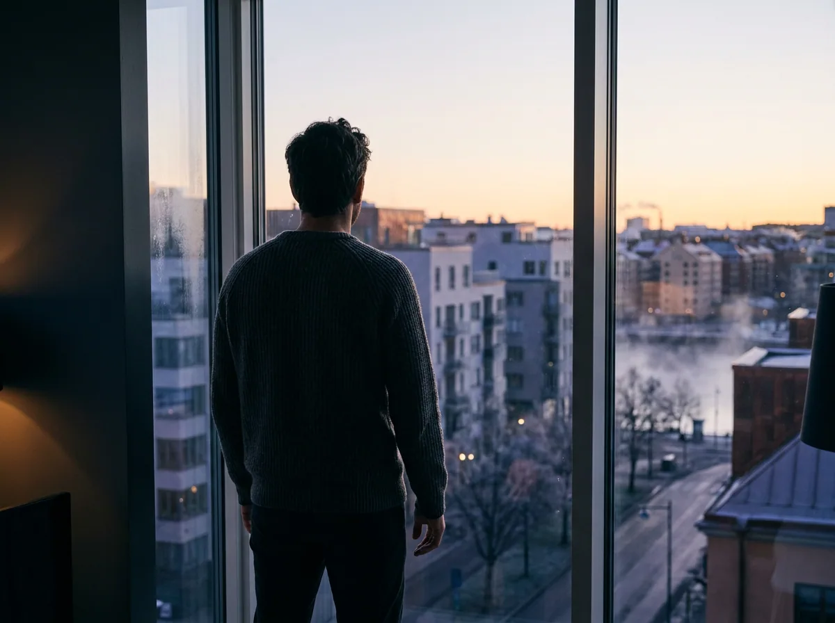 Anonym man sedd bakifrån, blickar ut mot Stockholms gryning
